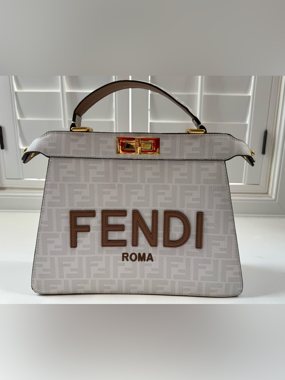 LUXE Roma Peekaboo FF Monogram Canvas Top Handle Satchel Bag Beige White $450